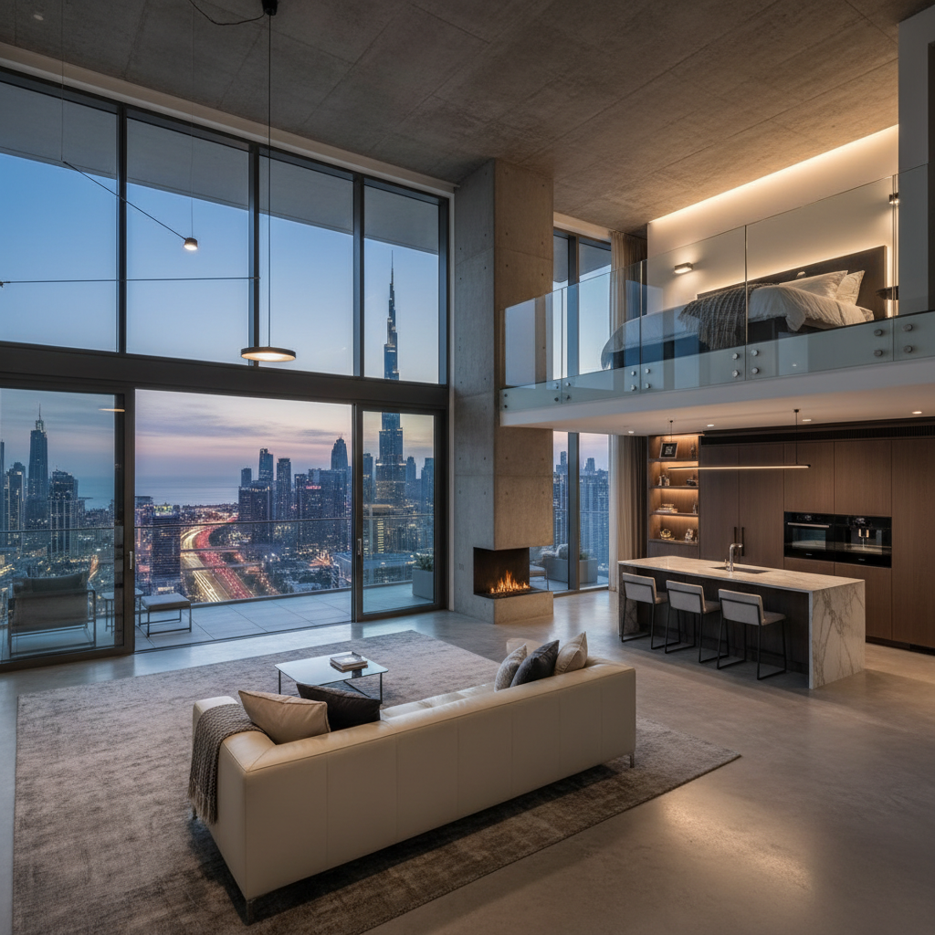 Dubai loft apartment overlooking cityscape