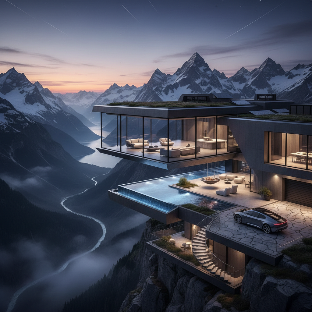 Modern cliffside mansion overlooking alpine valley